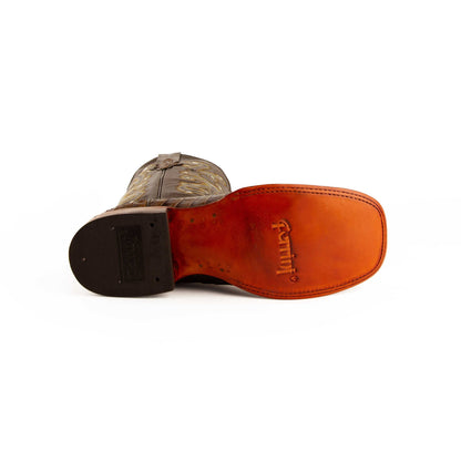 Men's Ferrini Stampede Western boot with rust leather sole, dark heel, embossed branding and patterned caiman-print upper