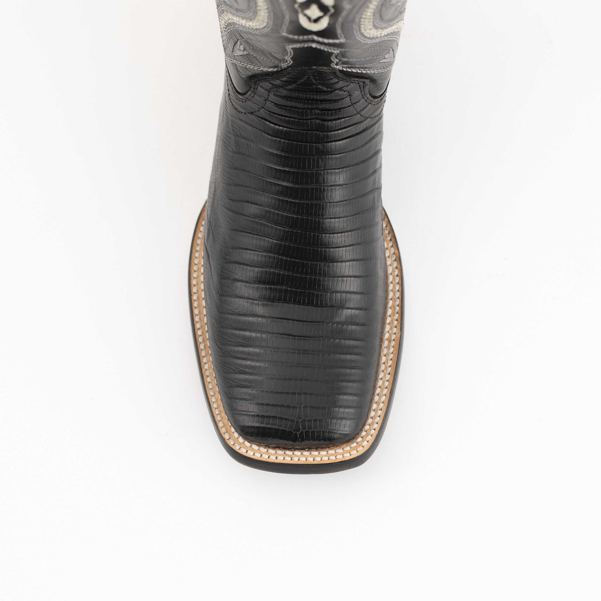 Men's Ferrini Taylor Teju Lizard Boots in black with textured lizard vamp, decorative stitching, and square toe