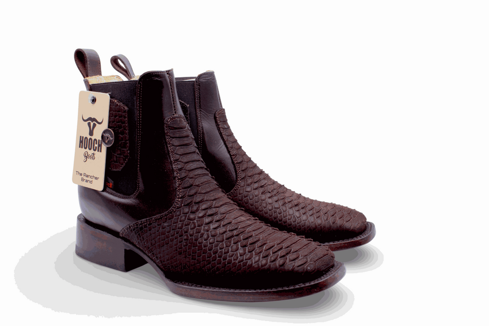 Hooch Boots Mens Python Print Botin Chocolate – Genuine Leather Square Toe