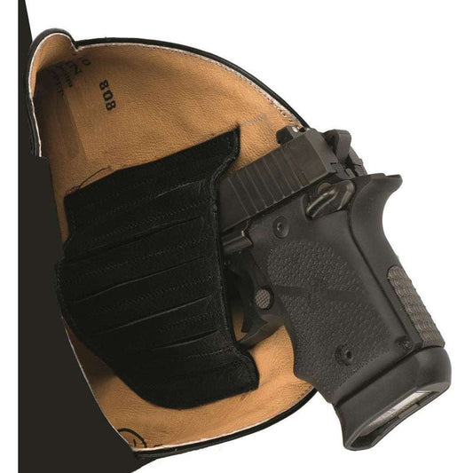 Men's Roper Pierce concealed carry boot pocket in black leather with a hook-and-loop closure holding a compact handgun