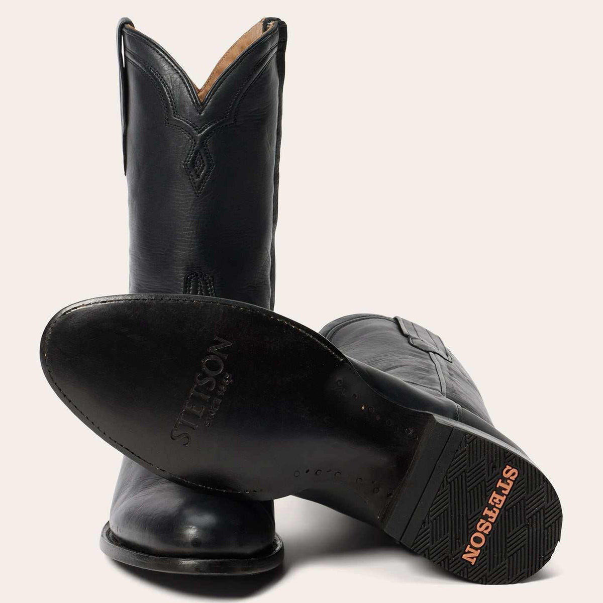 Handcrafted men's Stetson Cash boots in burnished black with roper toe and zipper