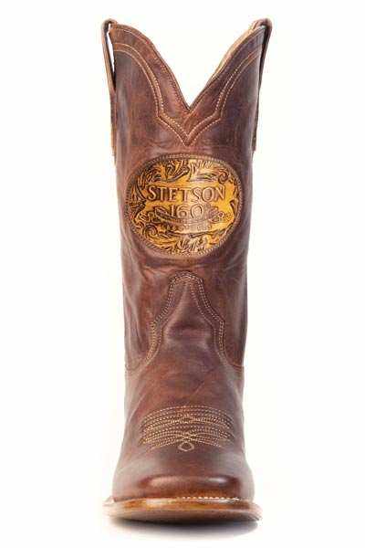Men's Stetson handtooled leather boots with square toe in cognac