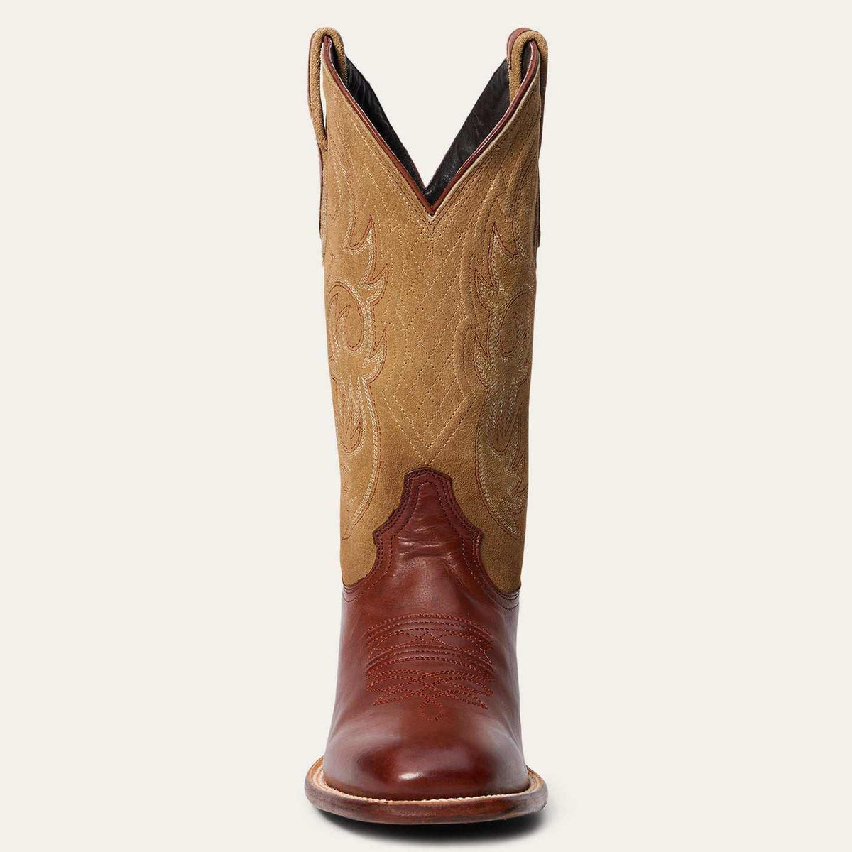Handcrafted men's Stetson Jasper brown boots with tan suede shaft and intricate stitching