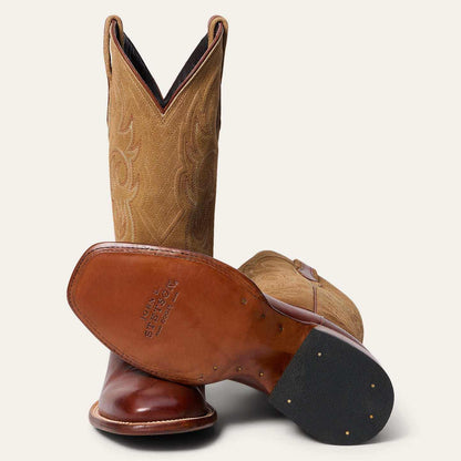 Handcrafted men's Stetson Jasper brown boots with tan suede shaft and intricate stitching