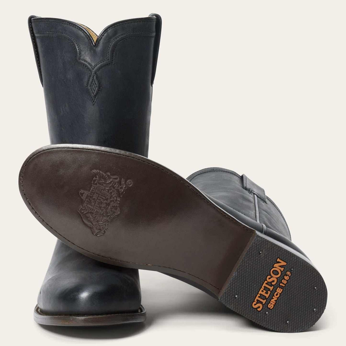 Men's black Stetson Puncher Roper handcrafted leather boots with round toe