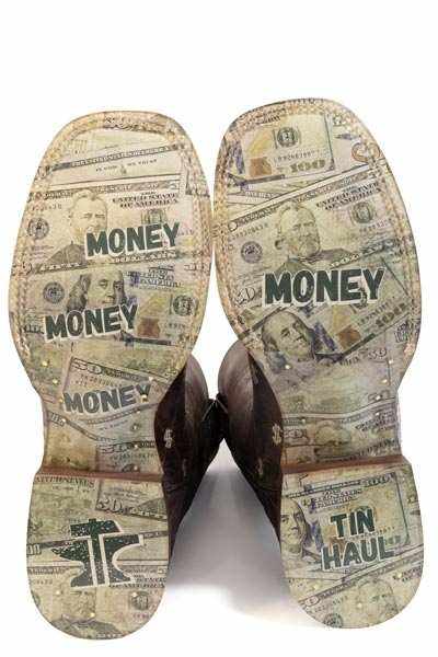 Men's Tin Haul brown Banking Bucks boots with square toe and money sole