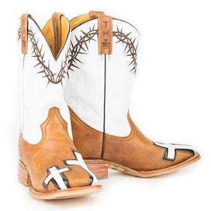 Men's Tin Haul Boots in tan leather with brown thorn-patterned shafts, cross details, and distinctive graphic soles
