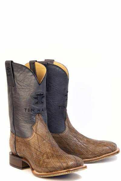 Men's handcrafted Tin Haul criss-crossed brown cowboy boots with square toe