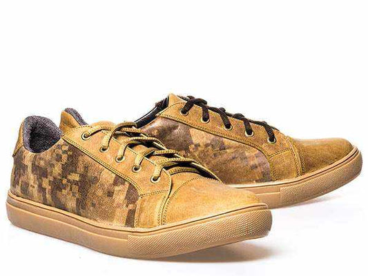 Men's Tin Haul handcrafted round toe tan shoes with camo side panels