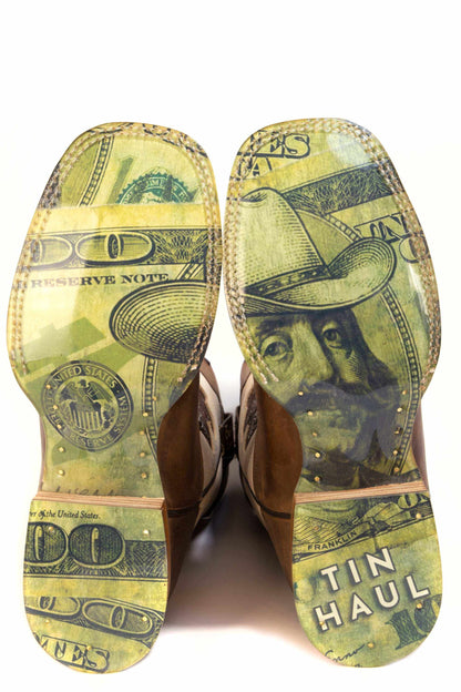 Men's Tin Haul Rich & Rowdy tan leather boots with Buckwild sole and removable gel insole
