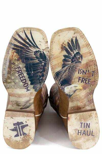 Handmade men's Tin Haul Stars And Stripes boots with square toe and flag design