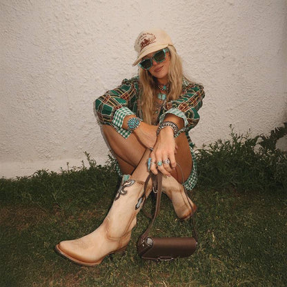 Women's Corral Sand Genuine Leather Boots with Overlay & Embroidery & Studs