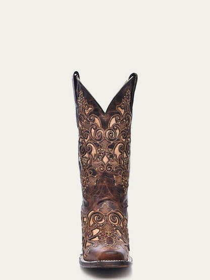 Western boot, omen's Corral Brown Genuine Leather Boots Studs & Embroidery, in brown leather with ornate tan stitching and stud accents