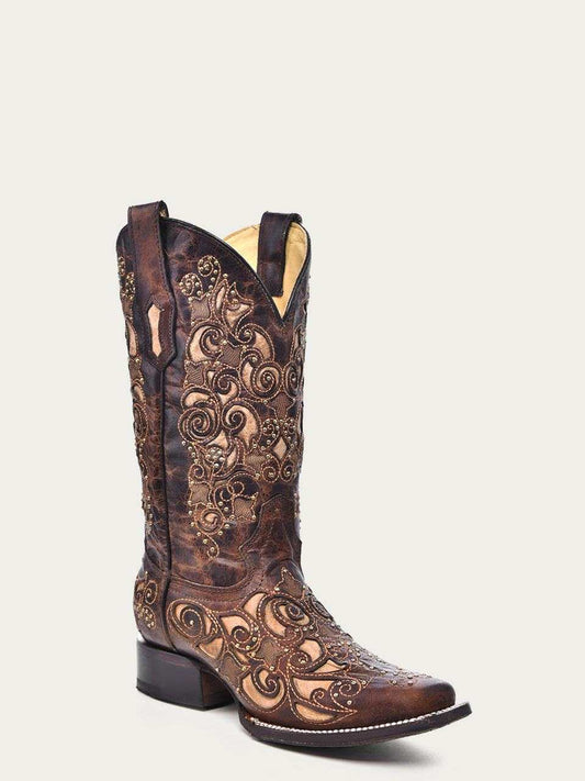 omen's Corral Brown Genuine Leather Boots Studs & Embroidery with brown leather, tan inlays, ornate stitching, and pointed toes
