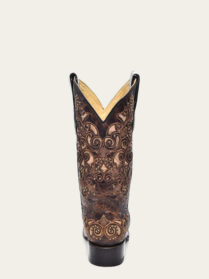 Western boot, omen's Corral Brown Genuine Leather Boots Studs & Embroidery, with dark brown leather and ornate tan embroidery.
