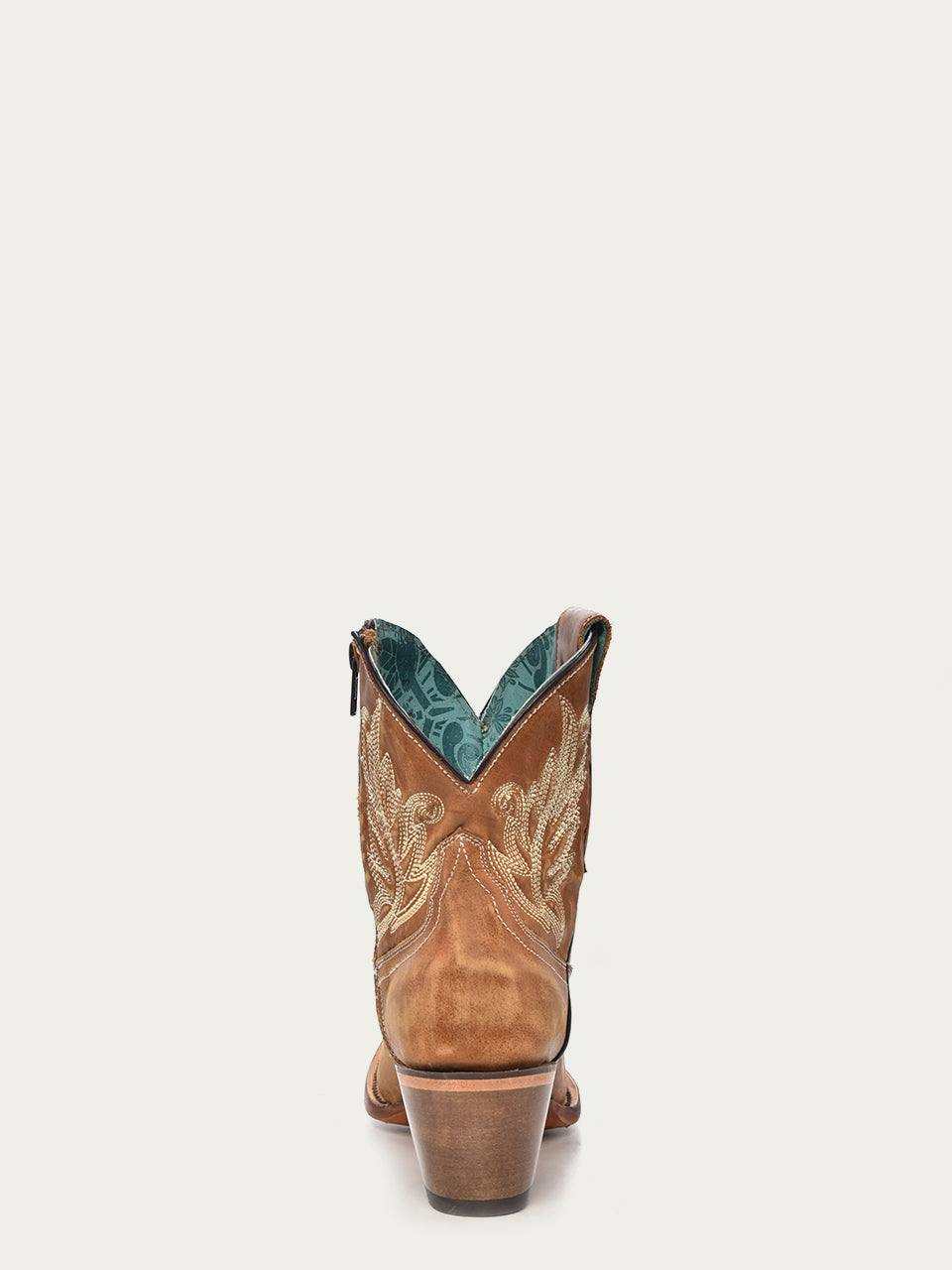 Women's Corral Tan Leather Ankle Boots with Embroidery featuring tan leather, detailed embroidery, 8-inch shaft, and 3-inch stacked heel