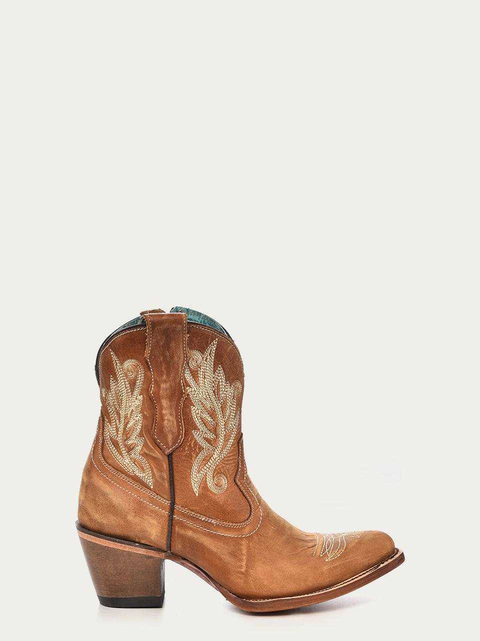 omen's Corral Tan Leather Ankle Boots with Embroidery featuring tan leather, intricate embroidery, 8-inch shaft, and 3-inch stacked heel
