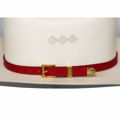 Ostrich Cowboy Hat Band Red Gold Plated 3 Piece Buckle Set  Handmade 26”