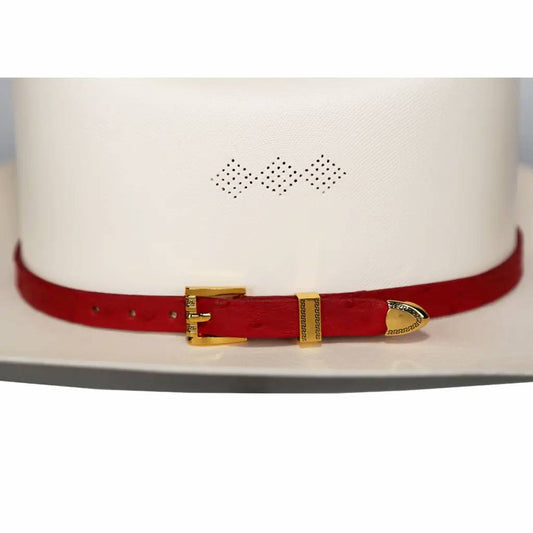 Ostrich Cowboy Hat Band Red Gold Plated 3 Piece Buckle Set  Handmade 26”