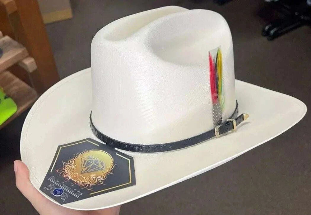 White Diamond 100X Straw Rancher Cowboy Hat with Feather – 5" Crown – 3.5" Brim