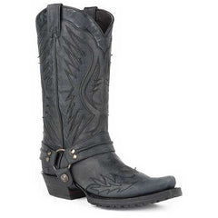Men's Stetson Biker Outlaw Eagle Boots Square Rocker Toe Handcrafted Black