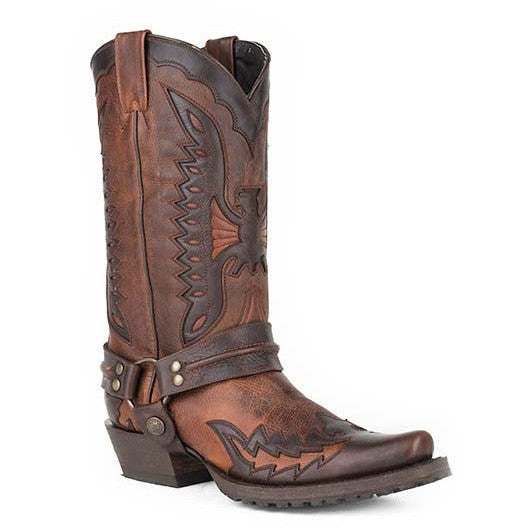 Men's Stetson Biker Outlaw Eagle Boots Square Rocker Toe Handcrafted Brown
