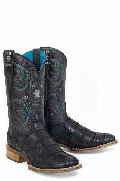 Handmade women's Tin Haul checker'd boots with black embossed python and leather