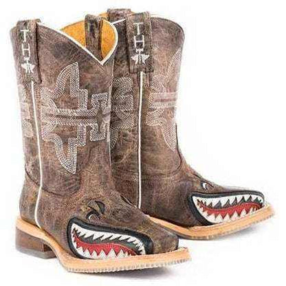 Tin Haul Toastin A Gnarly Shark Boots in distressed brown leather, with stitched shaft details and toothy shark graphics