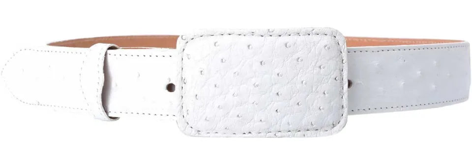 White Diamond Ostrich Belt White Leather Lining Genuine Handmade 1 1/2"