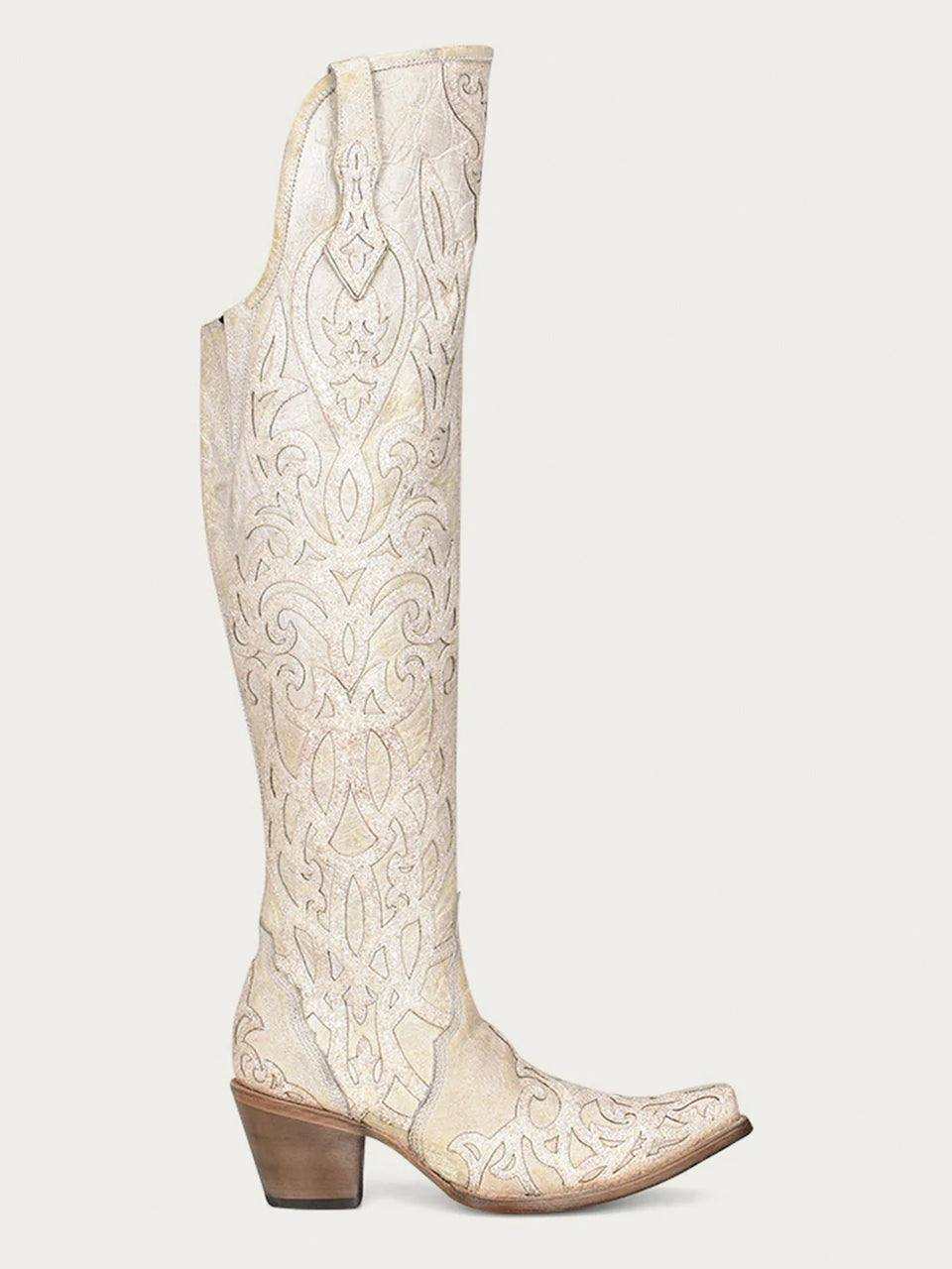 Women's Corral Beige Genuine Leather Boots with Glitter Overlay & Embroidery, tall embroidered snip-toe boot