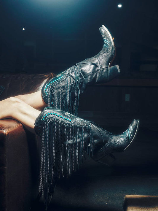 Women's Corral Black Boots with Embroidery & Crystal in black leather, turquoise embellishments, and long dangling fringe