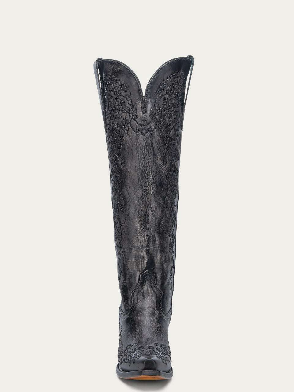Women's Corral Black Genuine Leather Boots with dark floral embossing, tall shaft, decorative stitching, and stacked heel