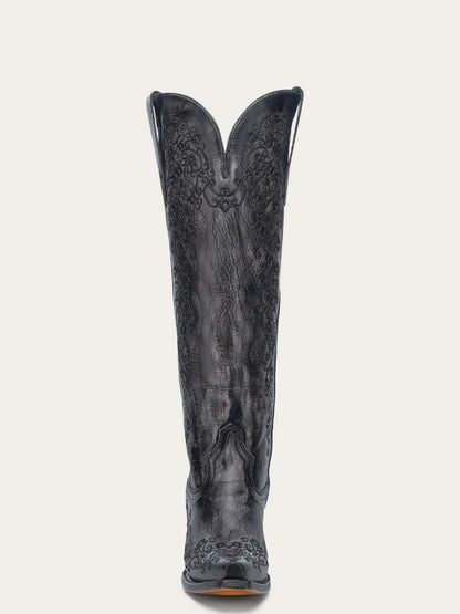 Women's Corral Black Genuine Leather Boots with dark floral embossing, tall shaft, decorative stitching, and stacked heel