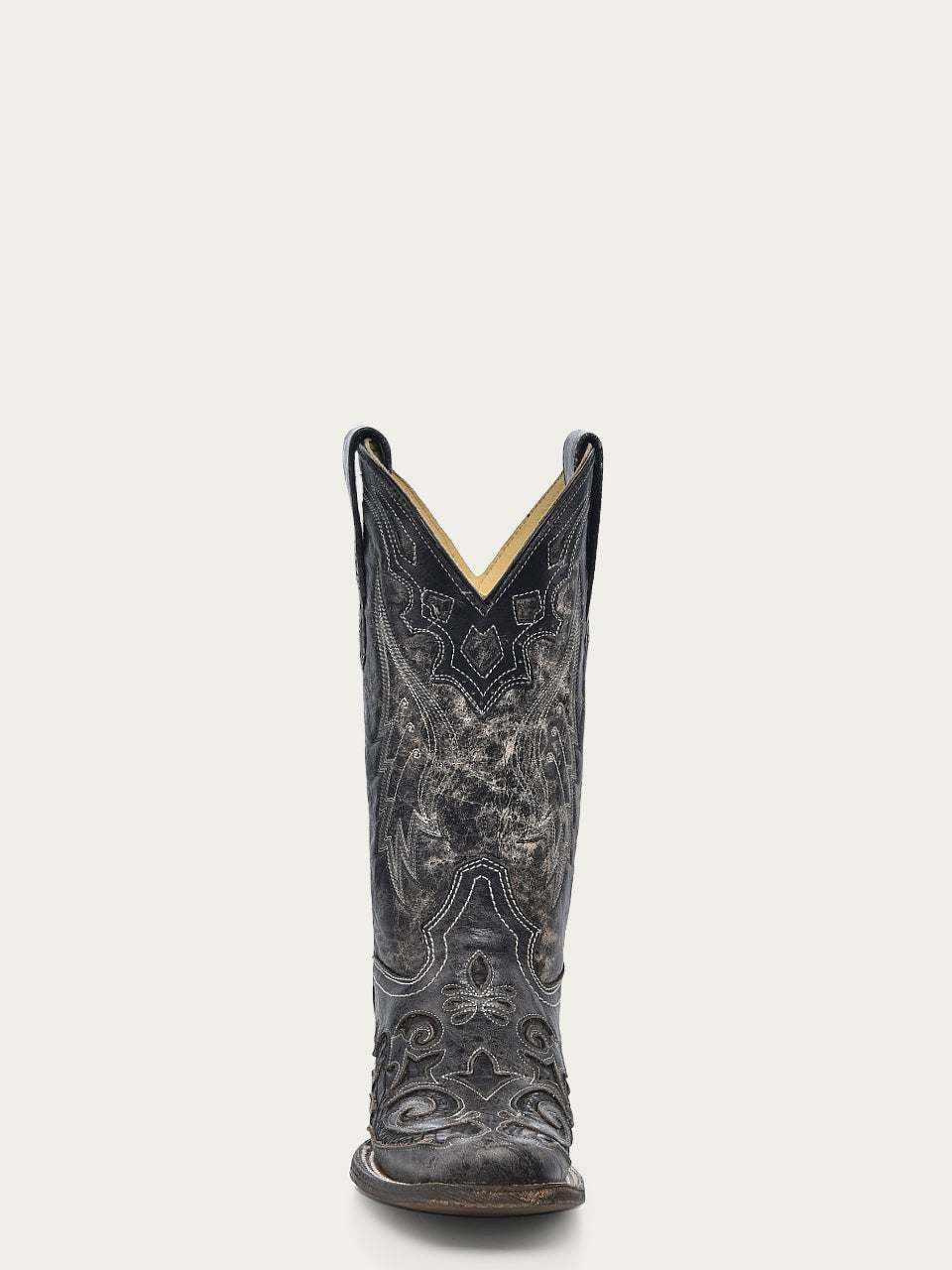 Women's Corral Black Genuine Leather Boots with Embroidery Snake Inlay, black leather western boot with ornate embroidery