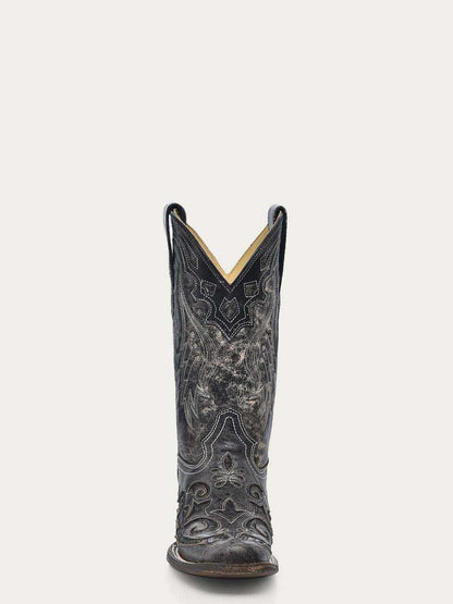 Women's Corral Black Genuine Leather Boots with Embroidery Snake Inlay, black leather western boot with ornate embroidery