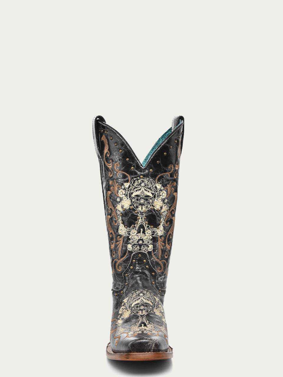 Women's Corral Black Genuine Leather Boots with Floral Skull, ornate floral embroidery and skull artwork on tall shaft