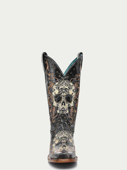 Women's Corral Black Genuine Leather Boots with Floral Skull, ornate floral embroidery and skull artwork on tall shaft