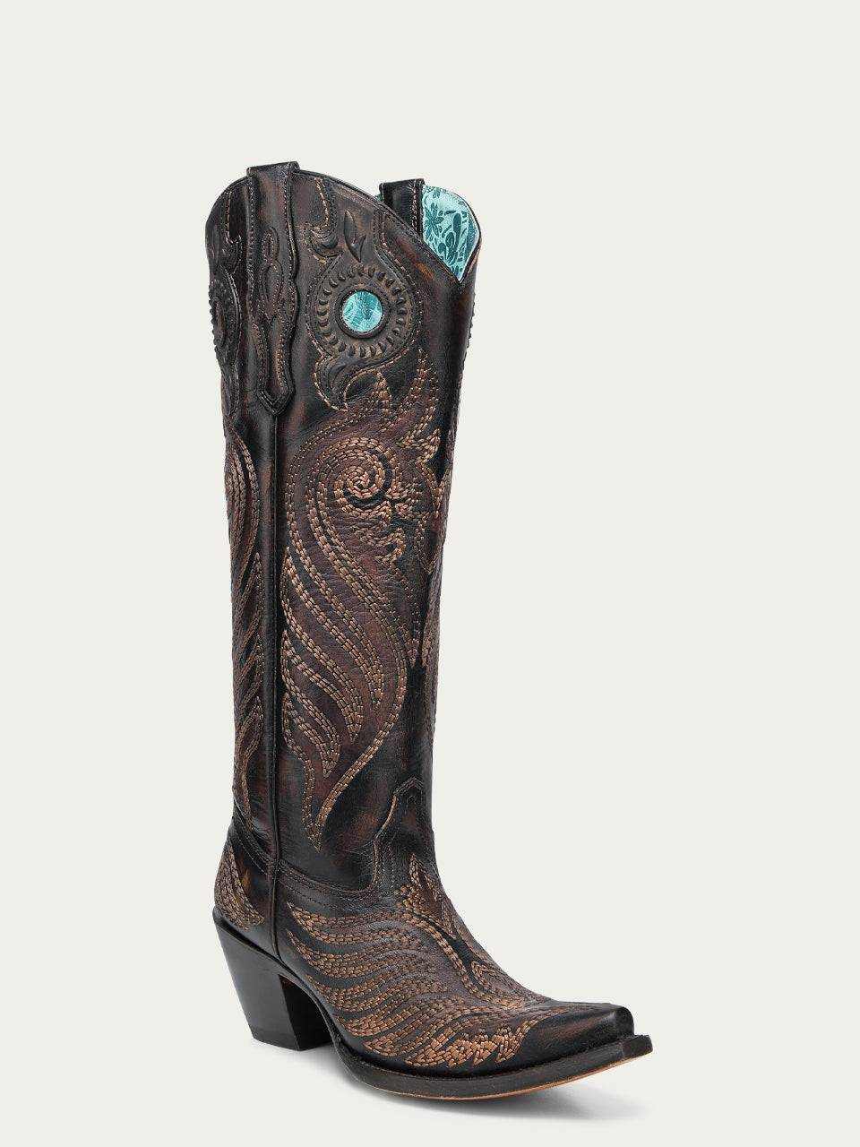 Women's Corral Black Genuine Leather Boots with Honey Overlay in black leather, featuring brown stitching, turquoise accents and tall embroidered shafts