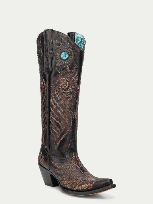 Women's Corral Black Genuine Leather Boots with Honey Overlay in black leather, featuring brown stitching, turquoise accents and tall embroidered shafts