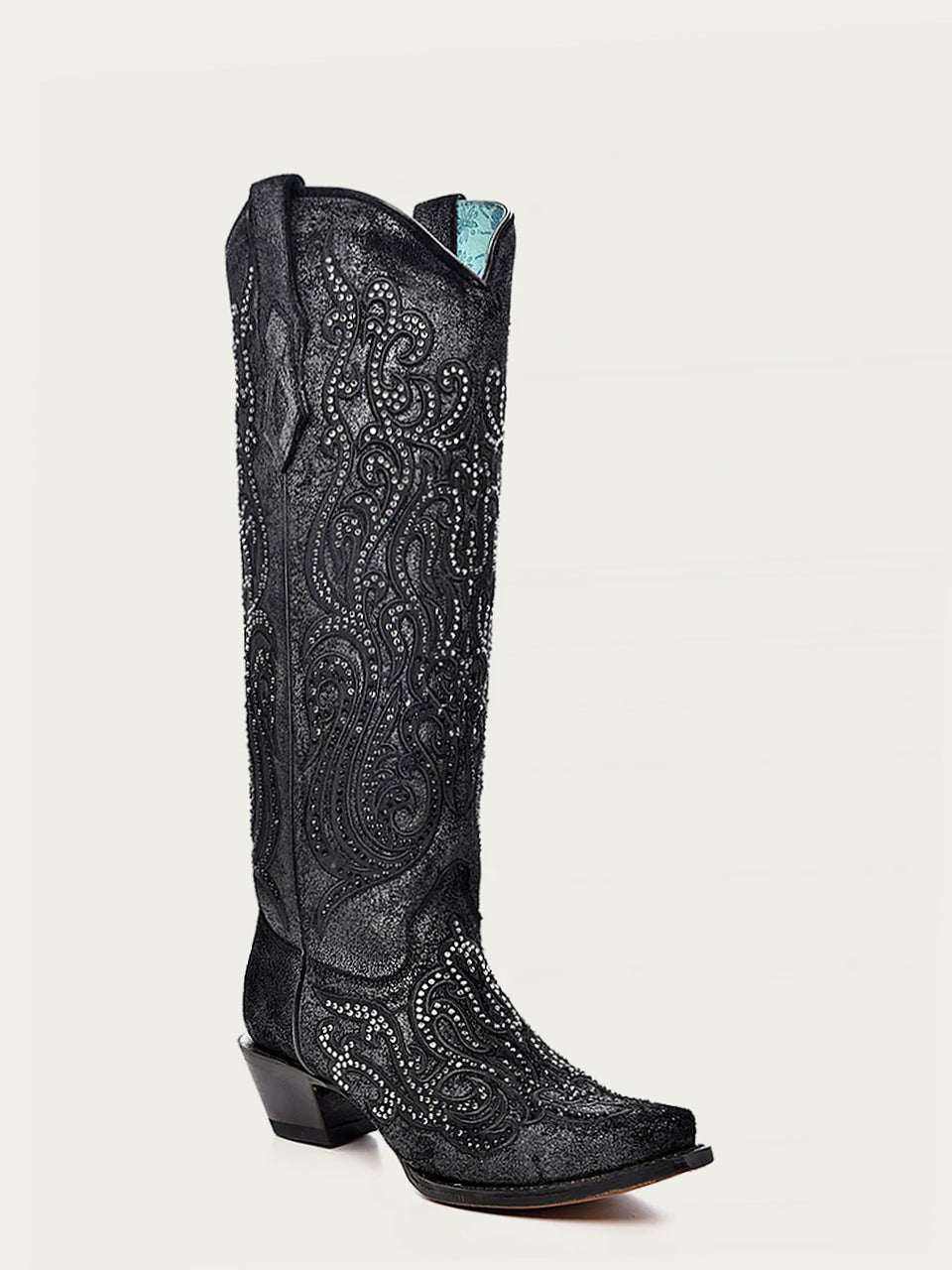 Women's Corral Black Genuine Leather Boots with Overlay & Crystals Tall Top