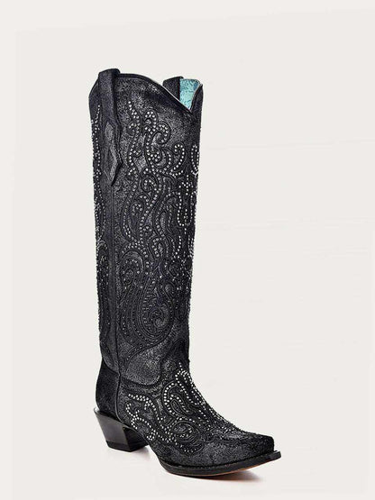 Women's Corral Black Genuine Leather Boots with Overlay & Crystals, tall black leather boots with paisley embroidery and snip toe