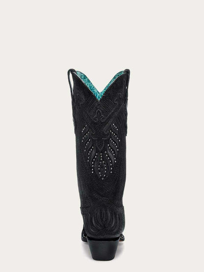 Women's Corral Black Genuine Leather Boots with Overlay, black leather shaft with ornate stitched motifs and silver studs, turquoise trim