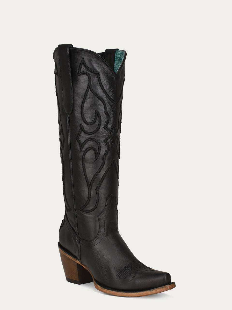 Women's Corral Black Genuine Leather Boots with Tall Top Matching Stitch Pattern & Inlay Pullstraps