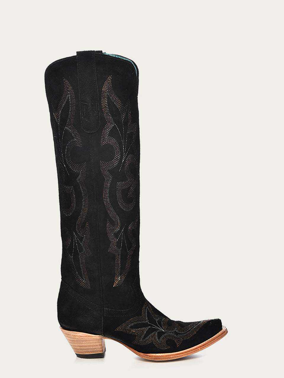 Women's Corral Black Genuine Suede Leather Boots with Embroidery, tall snip-toe western boots with ornate dark embroidery