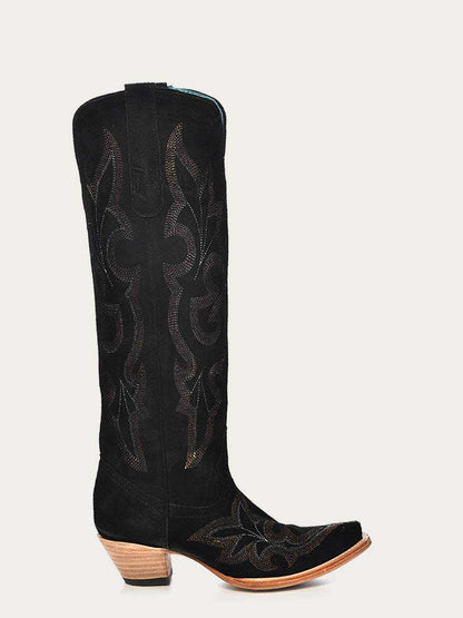 Women's Corral Black Genuine Suede Leather Boots with Embroidery, tall snip-toe western boots with ornate dark embroidery