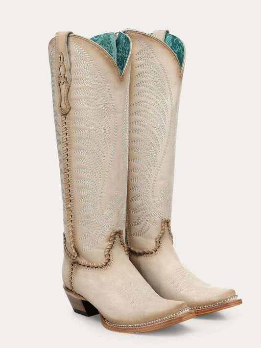 Women's Corral Bone Genuine Leather Boots, cream leather with turquoise embroidery, stitched shaft panels and metallic welt