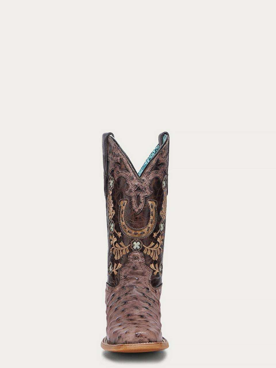 Women's Corral Brown Genuine Full Quill Ostrich Boots with Horseshoe, brown ostrich leather boot with floral embroidery and horseshoe overlay