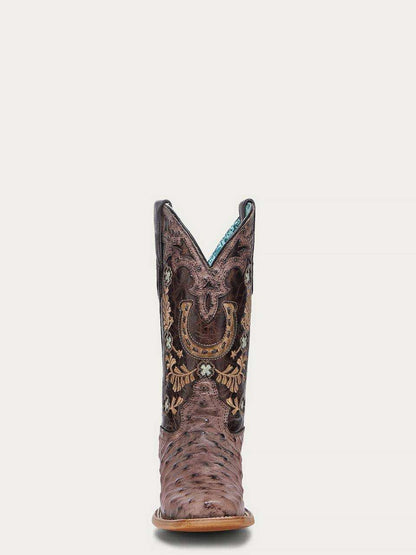 Women's Corral Brown Genuine Full Quill Ostrich Boots with Horseshoe, brown ostrich leather boot with floral embroidery and horseshoe overlay