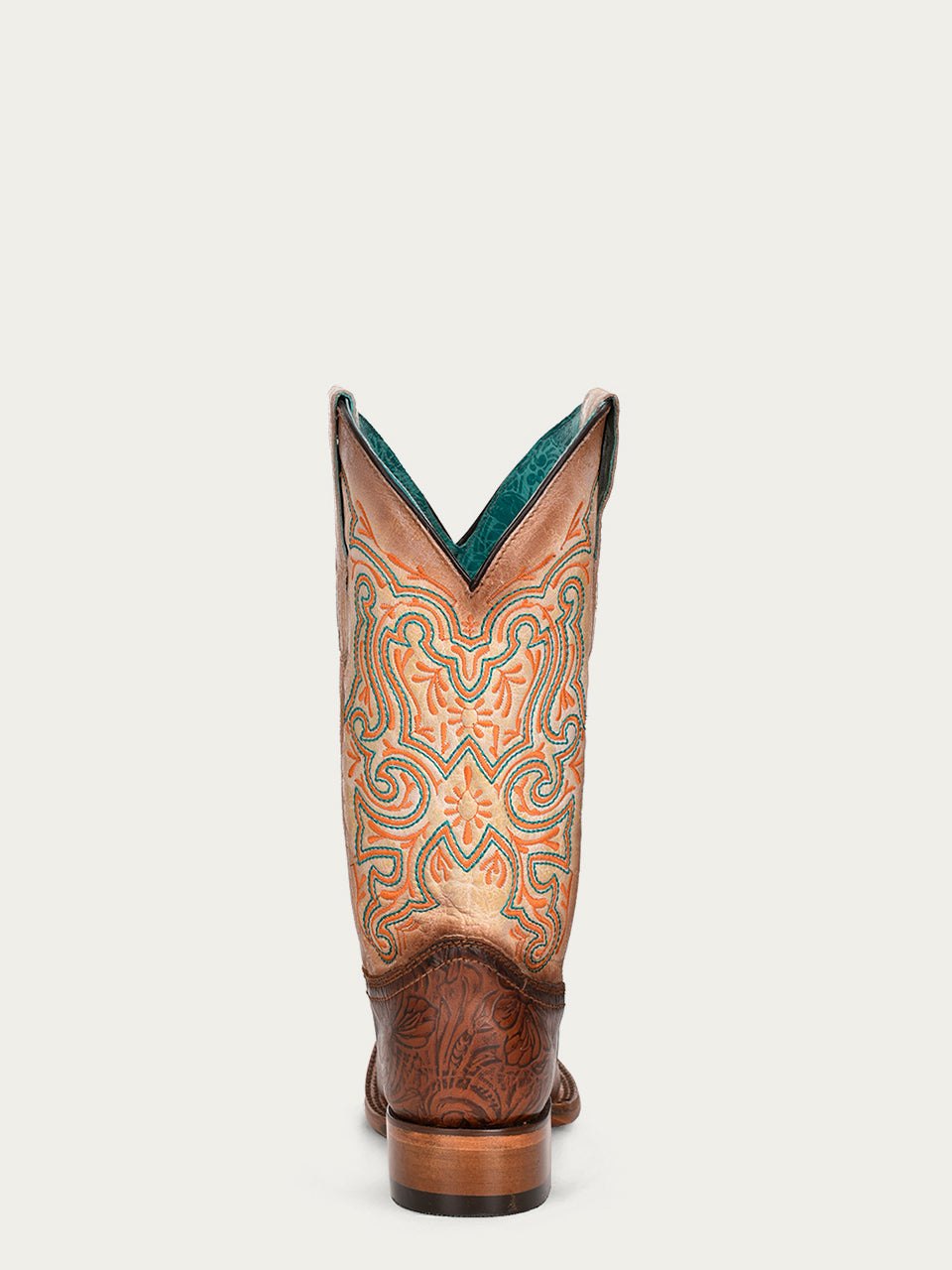 Women's Corral Brown Genuine Leather Boots with ornate orange and turquoise embroidery on the tall leather shaft and heel