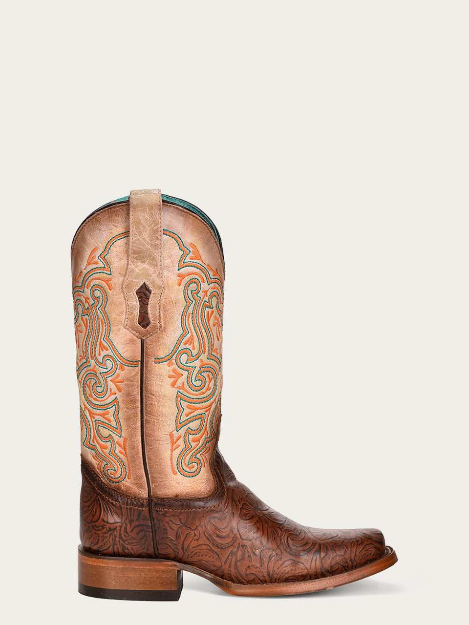 Women's Corral Brown Genuine Leather Boots in brown leather with ornate turquoise and rust embroidery and a square toe